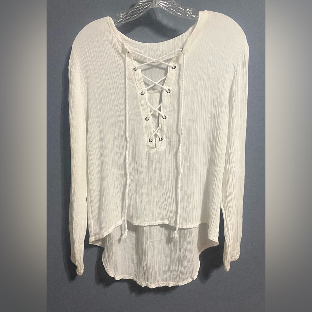 White Lace Up Long Sleeve Shirt Small